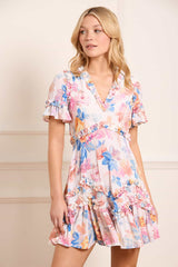Mariannes Floral Satin V-Neck Micro Mini Dress