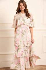 Rose Chiffon Tiered Cape Ankle Gown