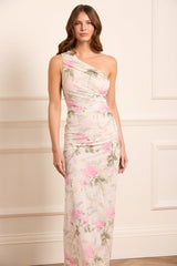 Rose Draped One-Shoulder Ankle Gown
