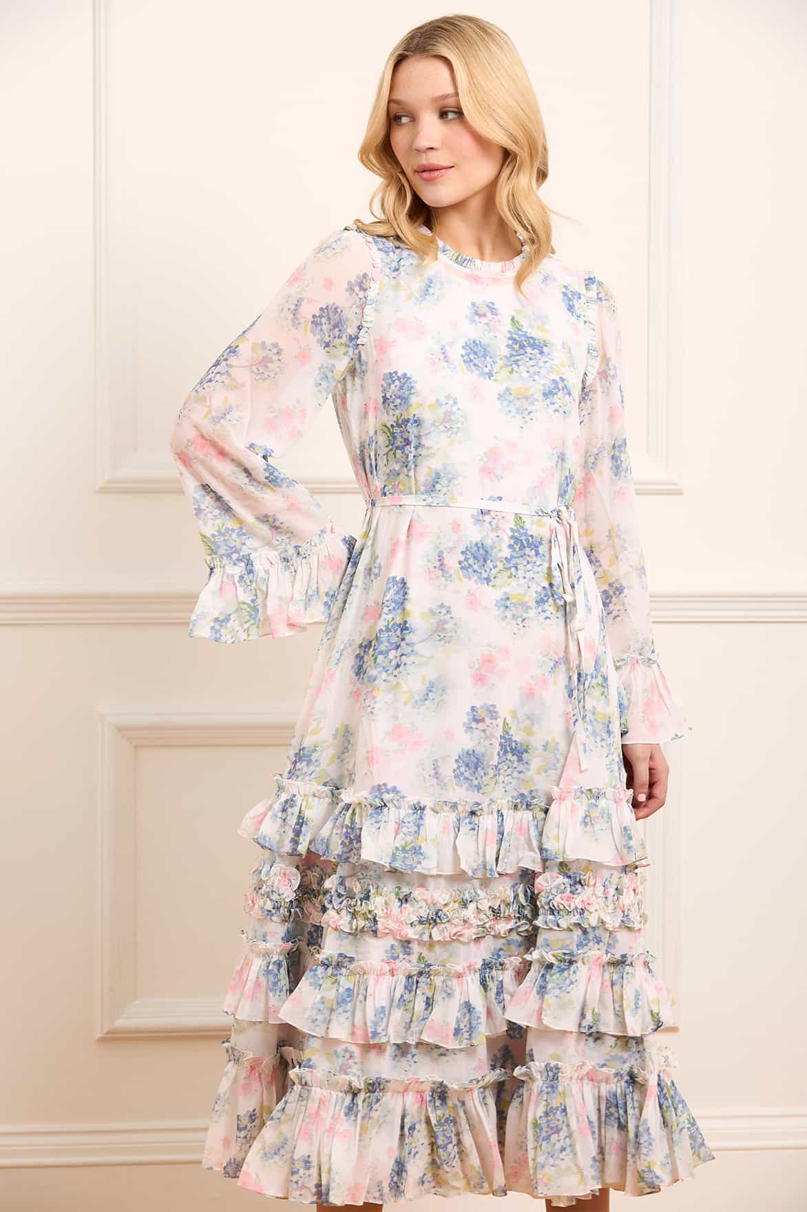 Hydrangea Chiffon Round Neck Ankle Gown