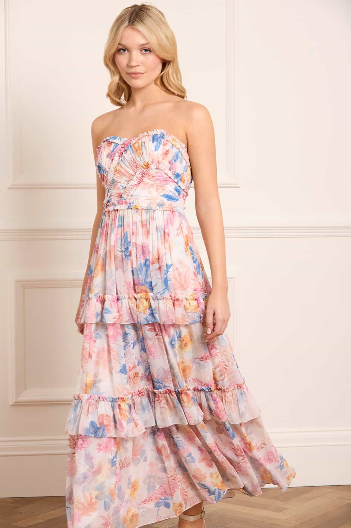 Mariannes Floral Chiffon Strapless Ankle Gown