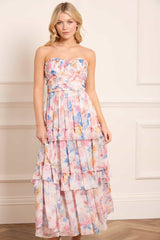 Mariannes Floral Chiffon Strapless Ankle Gown