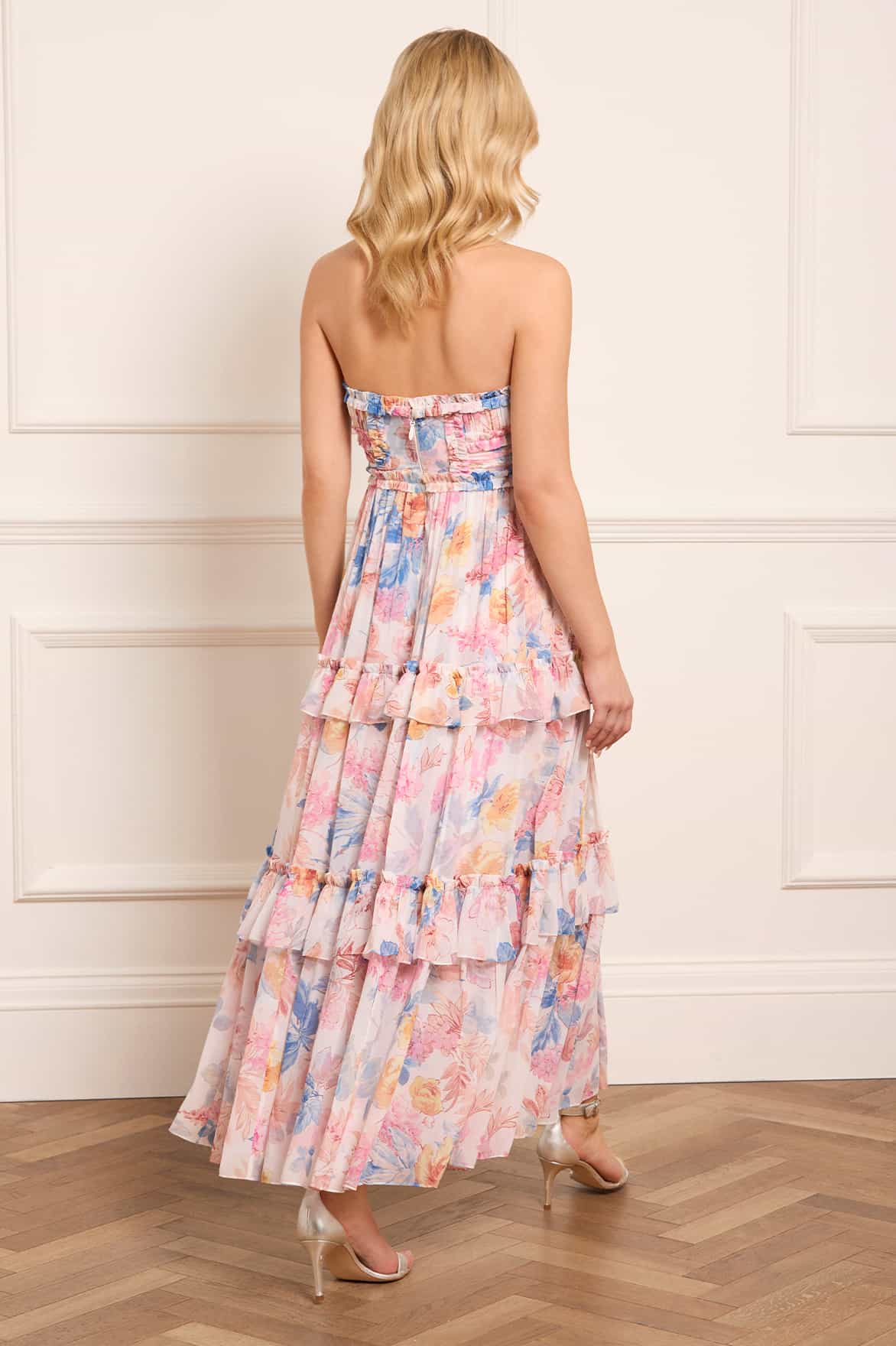 Mariannes Floral Chiffon Strapless Ankle Gown