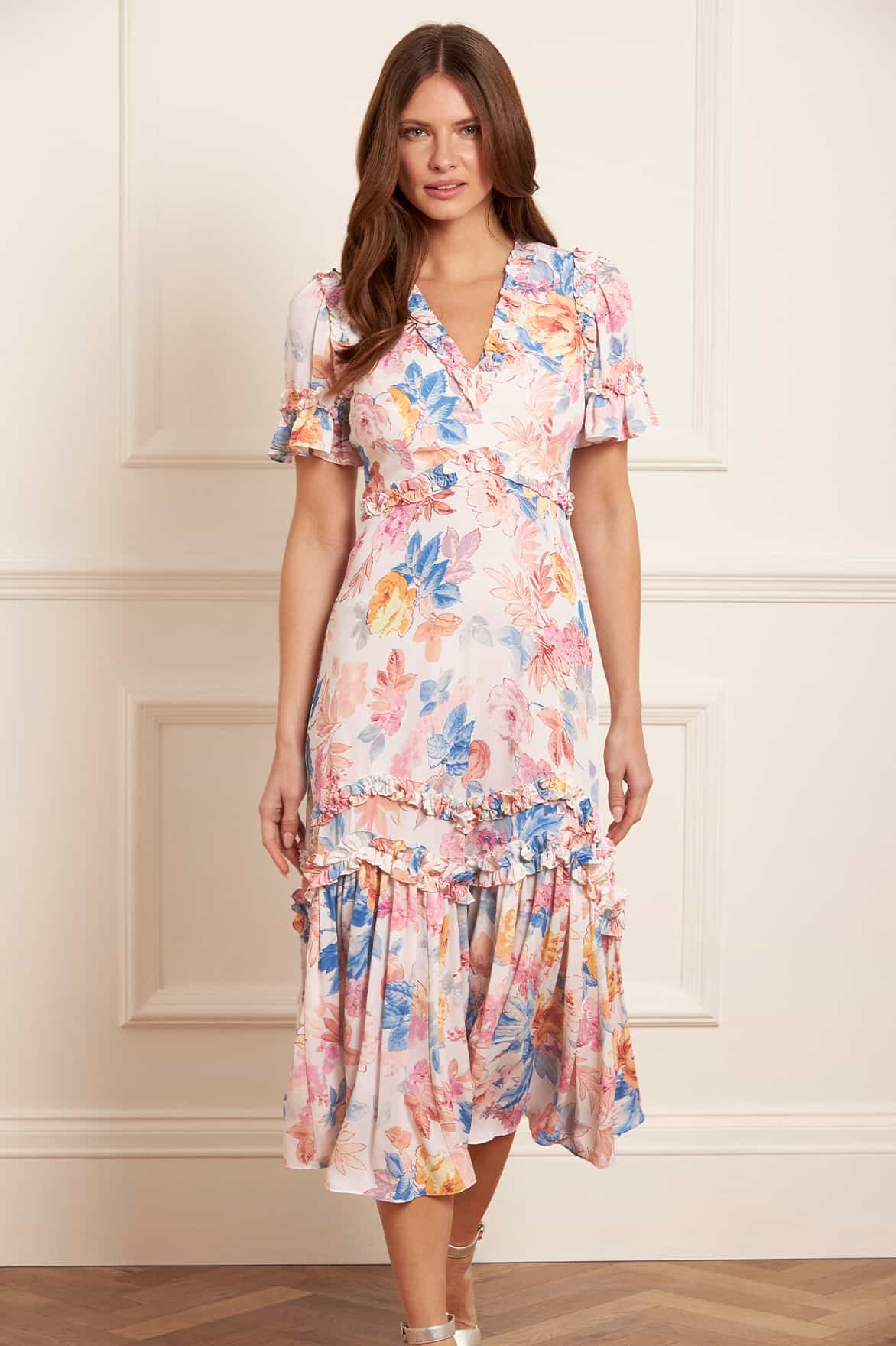 Mariannes Floral Satin V-Neck Ballerina Dress