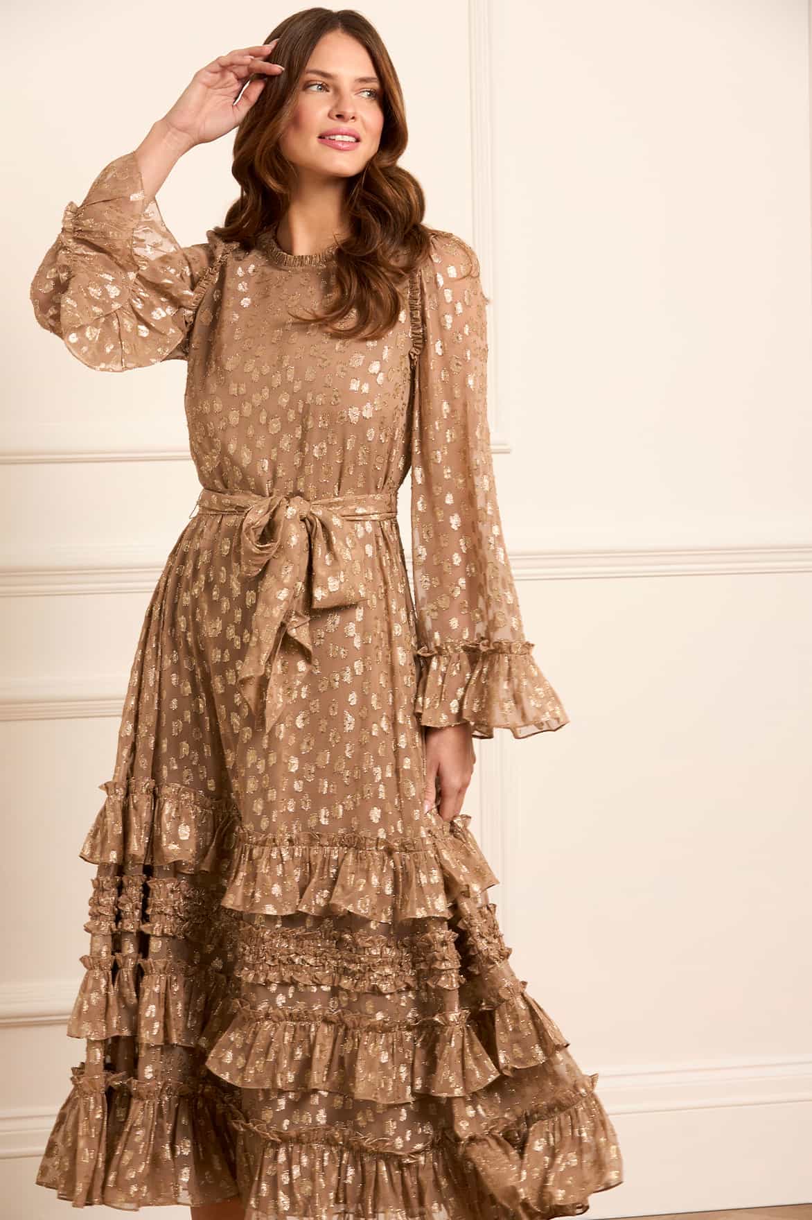 Odelle Lurex Round Neck Ankle Gown