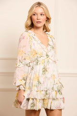 Rose Chiffon Long Sleeve Micro Mini Dress