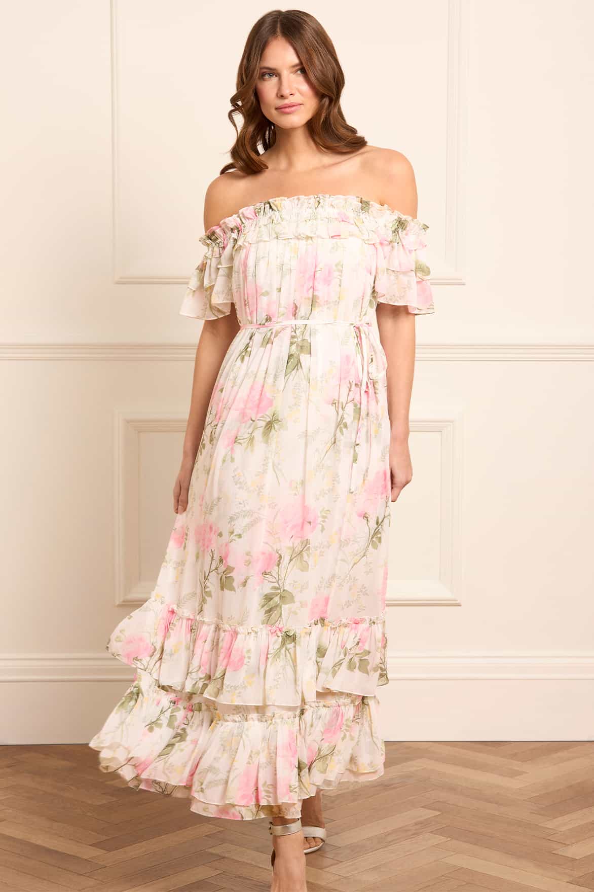 Rose Chiffon Off-Shoulder Ankle Gown