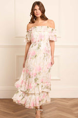 Rose Chiffon Off-Shoulder Ankle Gown