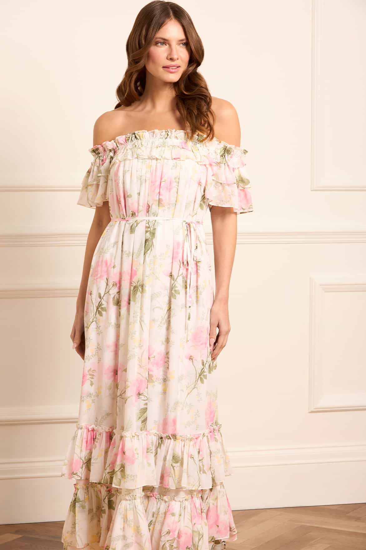 Rose Chiffon Off-Shoulder Ankle Gown