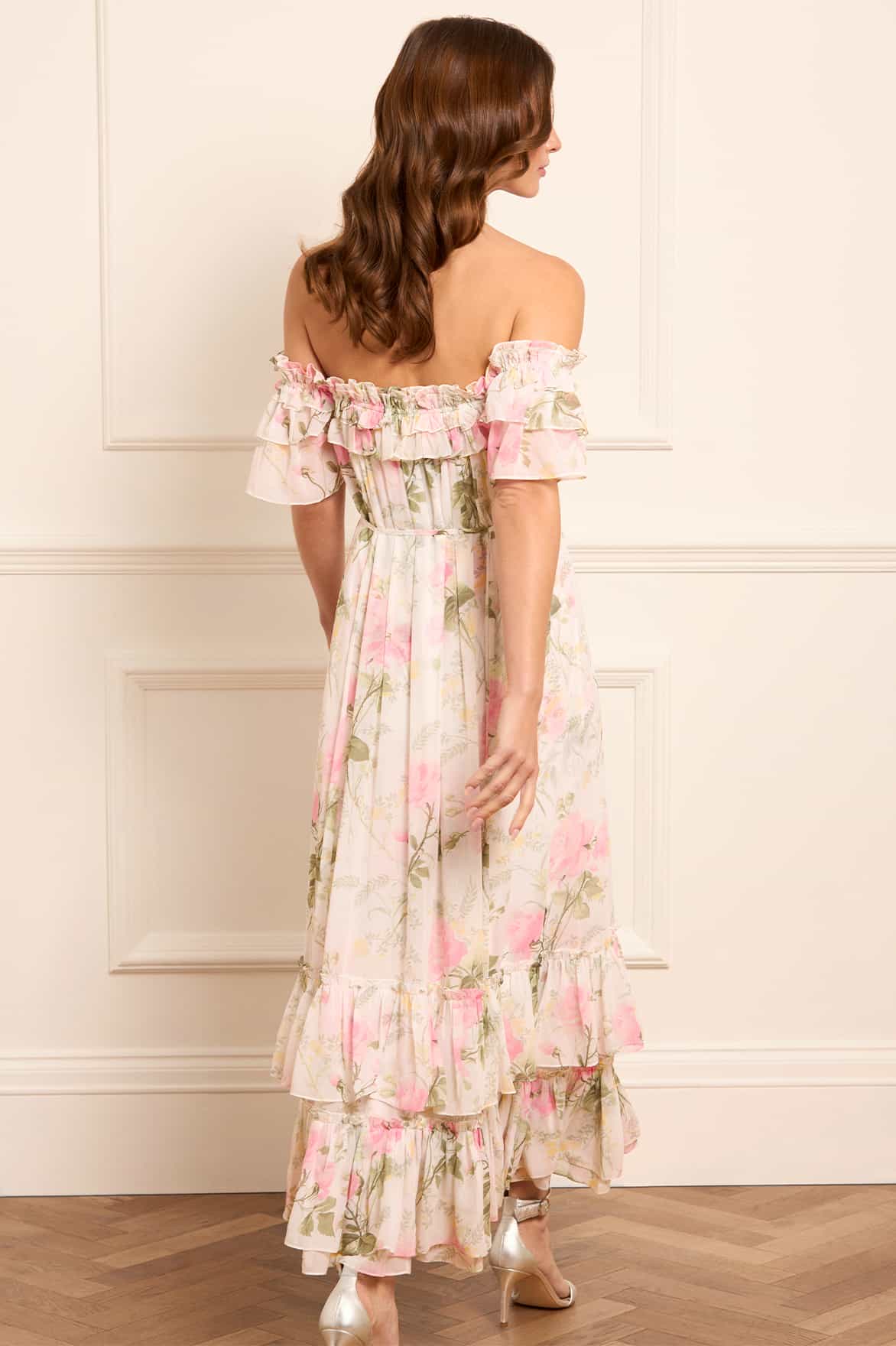 Rose Chiffon Off-Shoulder Ankle Gown