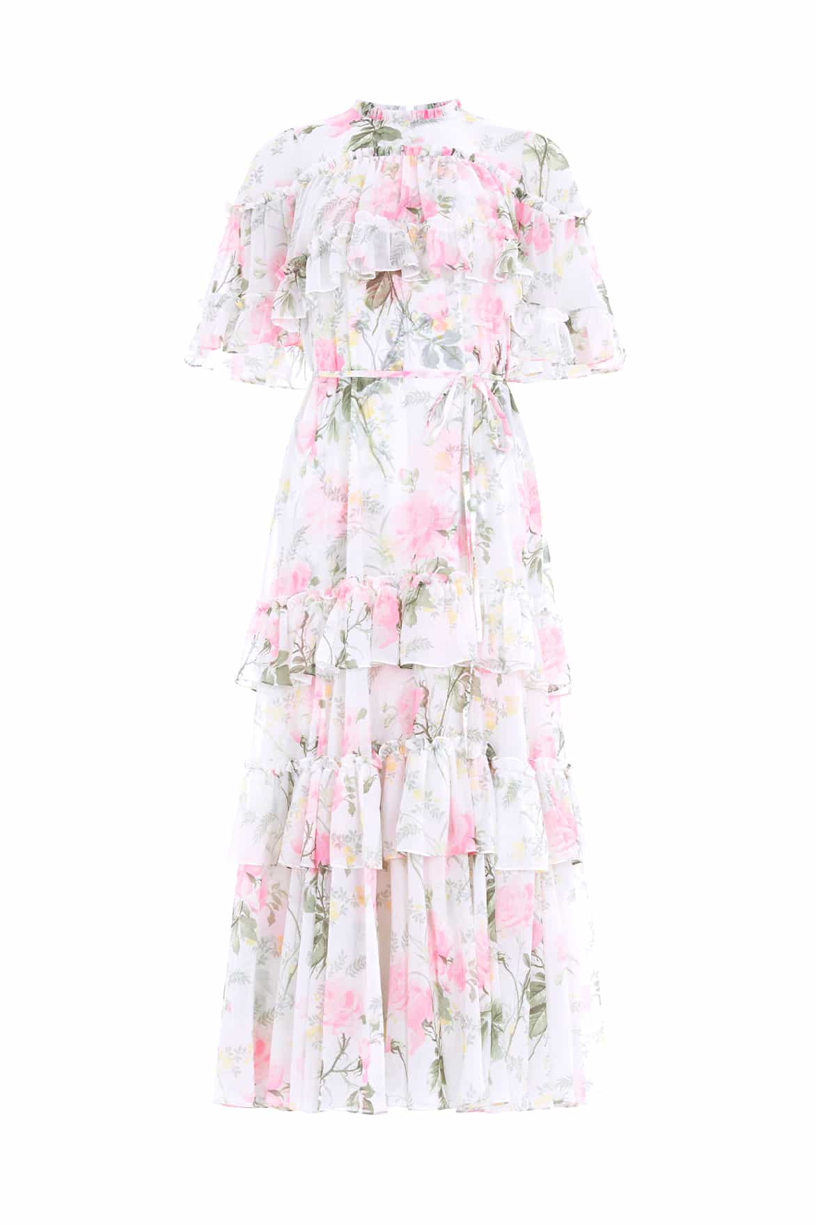 Rose Chiffon Tiered Cape Ankle Gown
