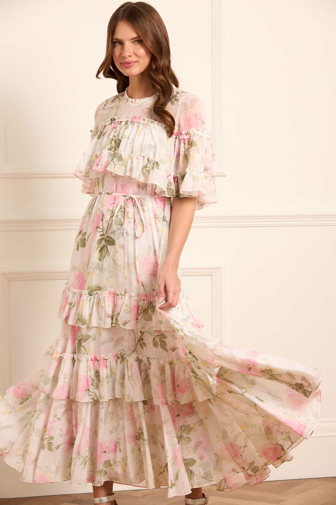 Rose Chiffon Tiered Cape Ankle Gown