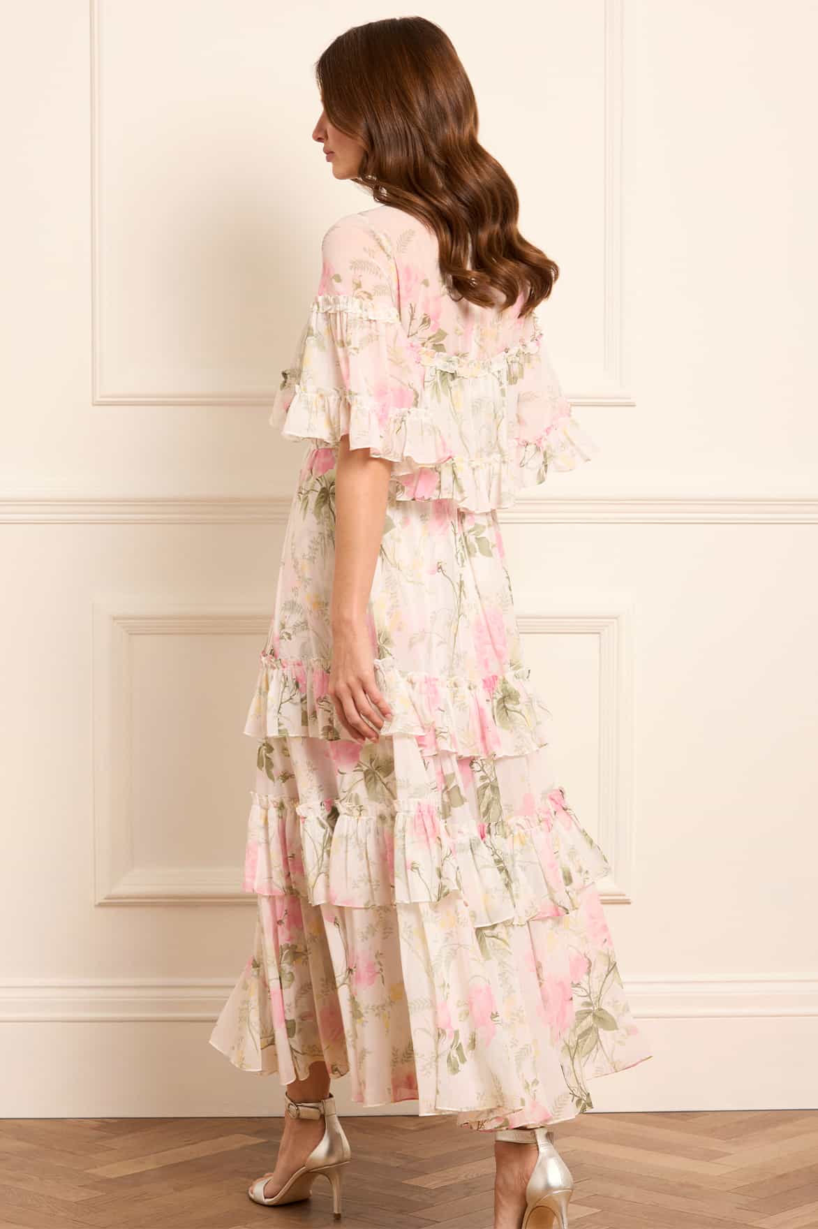 Rose Chiffon Tiered Cape Ankle Gown