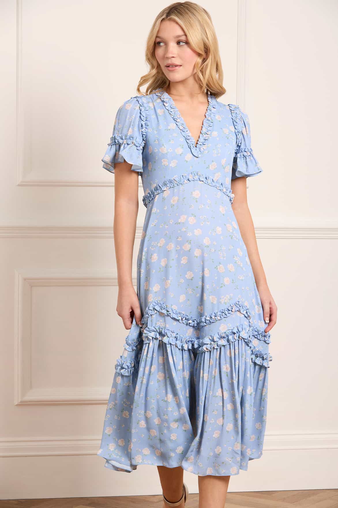 Rose Ditsy Satin V-Neck Ballerina Dress