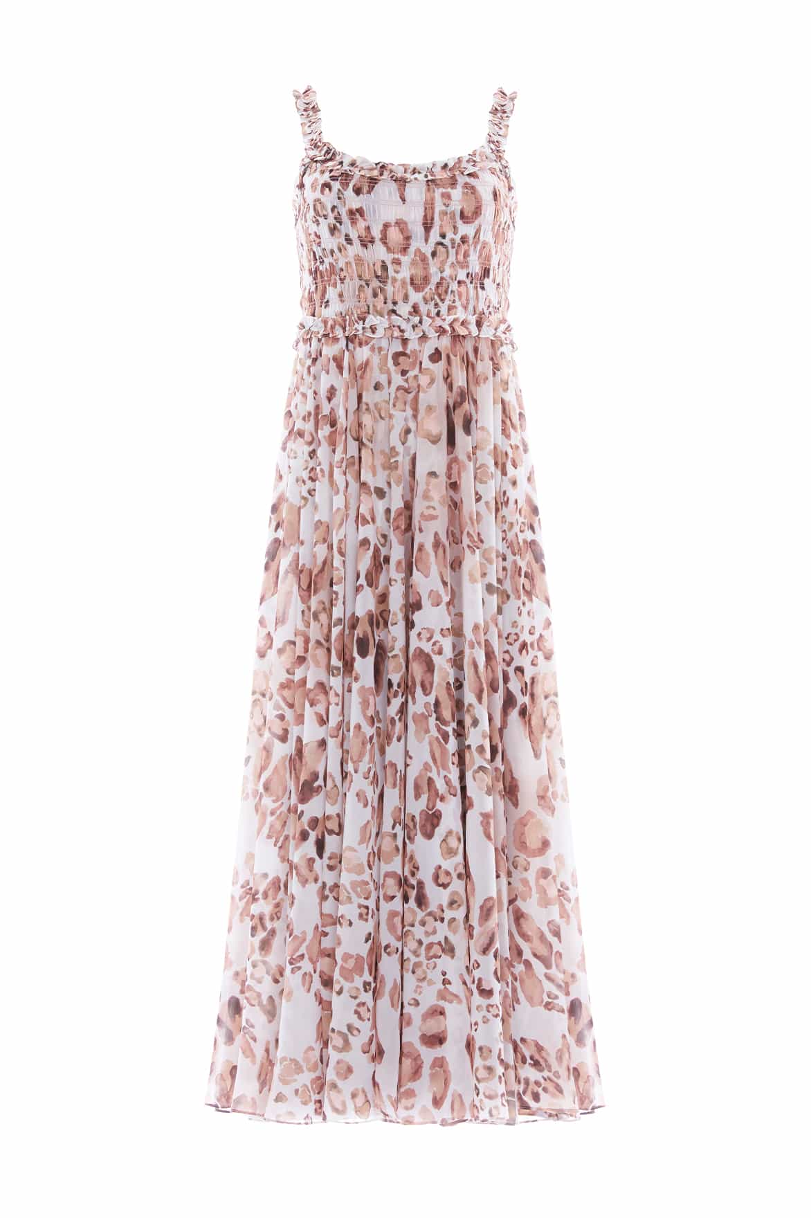 Leopard Chiffon Smocked Cami Ankle Gown